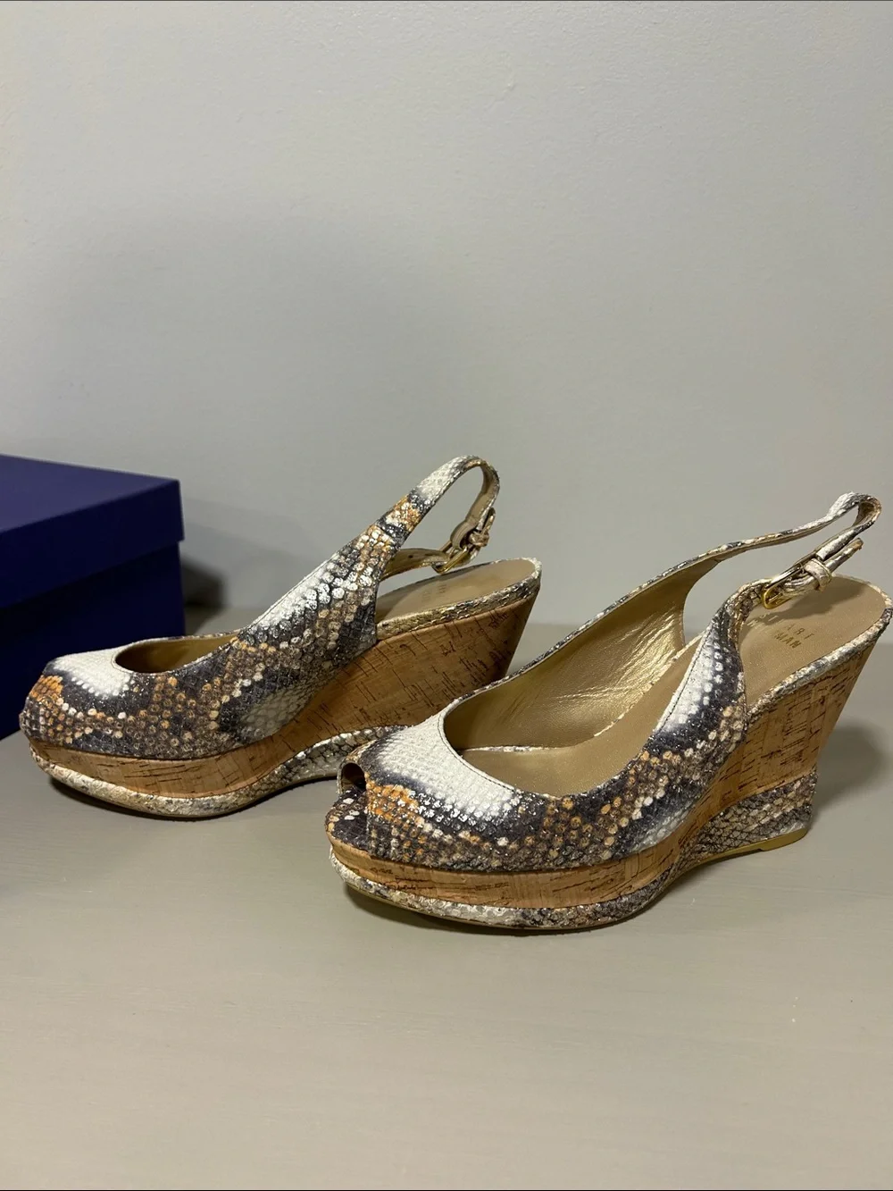 Stuart Weitzman Snakeskin Cork Wedge Slingback - Neutral Brown & Cream - Picture 2 of 5